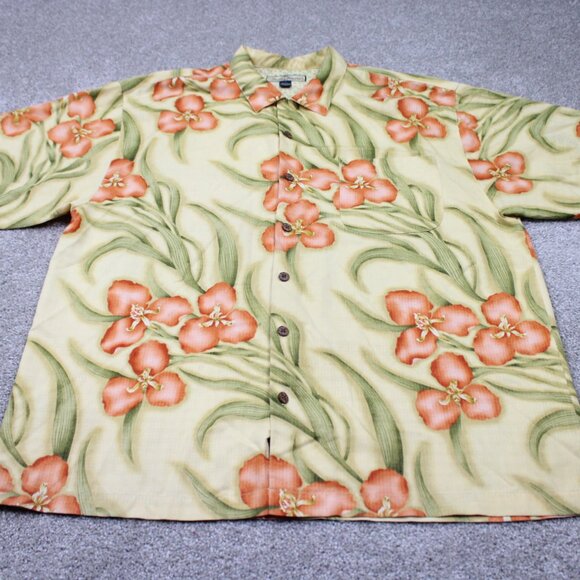 Tommy Bahama Camp Shirt Adult XL Loop Collar Yellow Floral Silk S/S Button Up - Picture 2 of 12